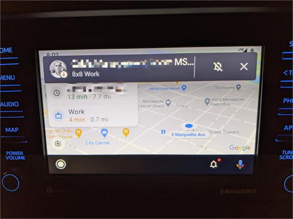 8x8 Work for Mobile message notification on 2021 Rav4 display. Chat room name deliberately obscured.