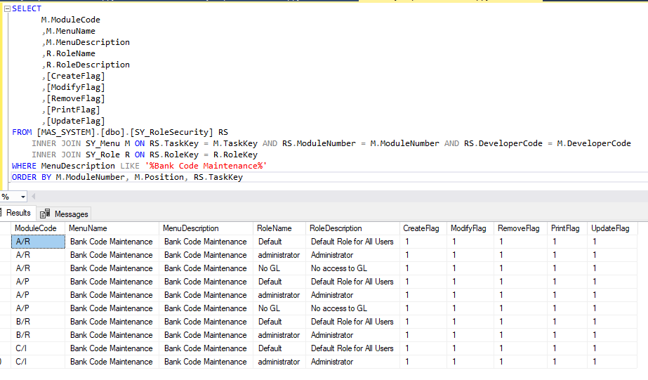 SQL query to breakdown security by module by task by role