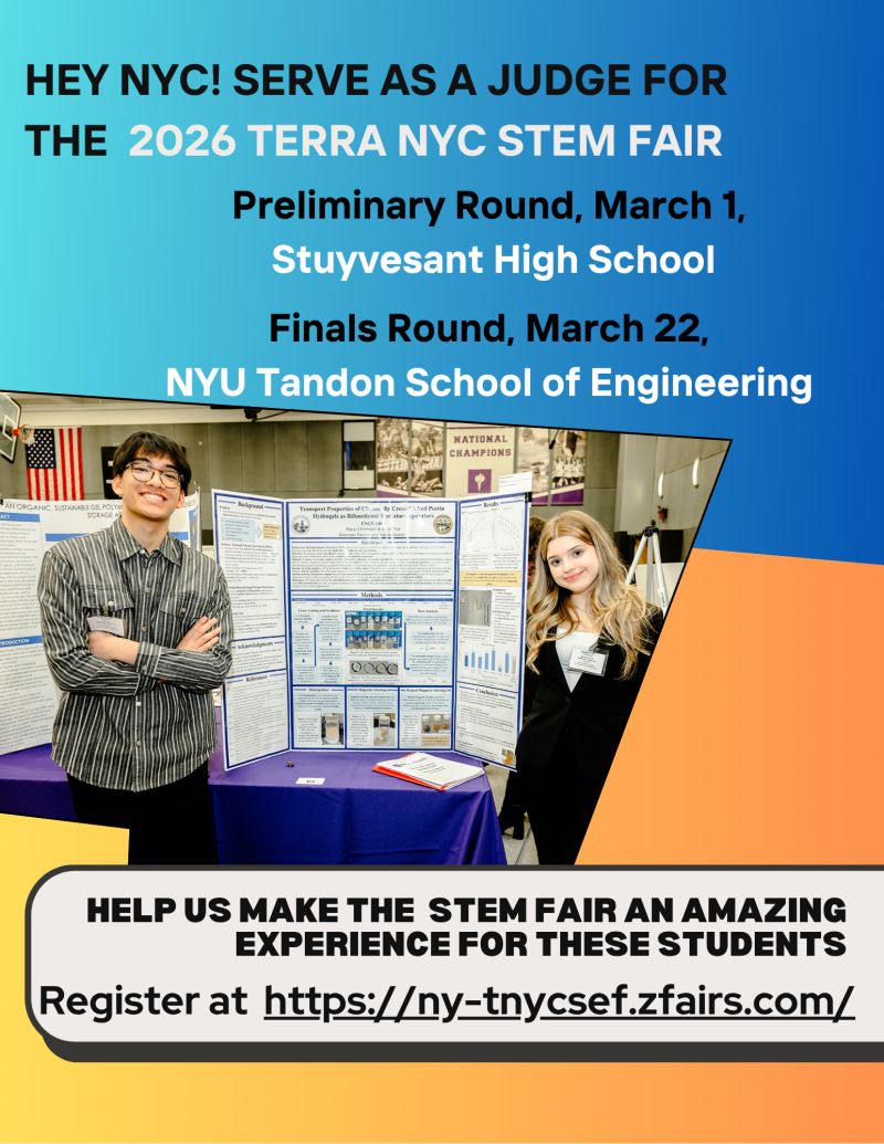 NYC STEM Fair Call for Judges with photo of two students in front of their project board.