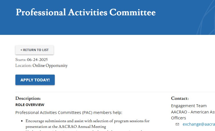 Professional Activities Committees application which outline the location as online and Apply Today button. Listed below the button is the start of the role overview.