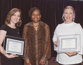 AAFCS 2017-18 President Jacqueline Holland, CFCS-HDFS, (center) presents Karen K. Melton (left) and  Nicole McAninch (right) with the AAFCS Centennial Research Grant during the AAFCS 109th Annual Conference in Atlanta, Ga.