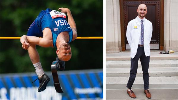 Sam Grewe, a first-year medical student at the University of Michigan Medical School, competes as a high jumper. Credit: The Grewe Family 