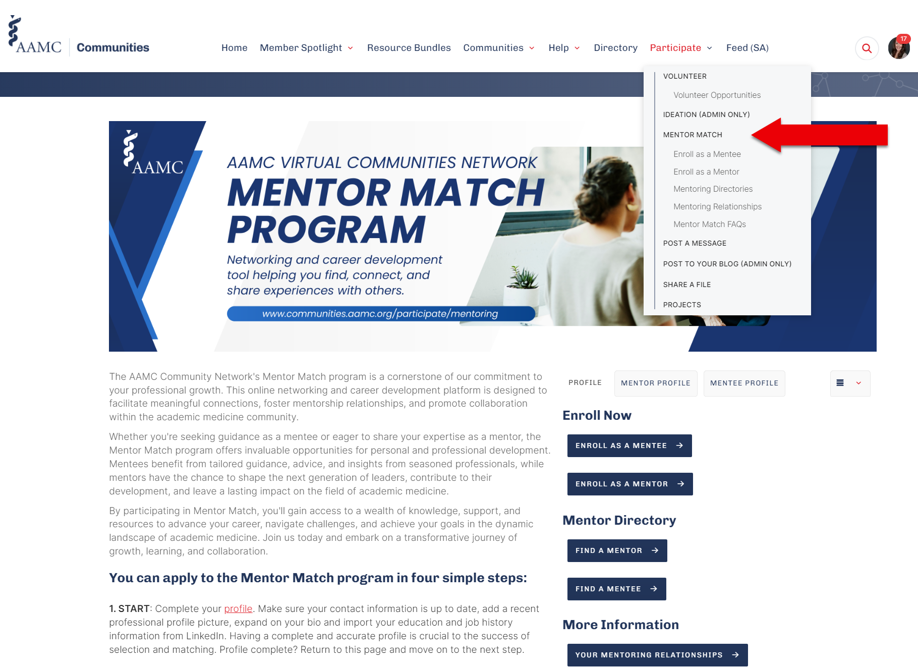 Screenshot showing the Mentor Match Program Homepage and how to navigate to it. There is a red arrow pointing to the 