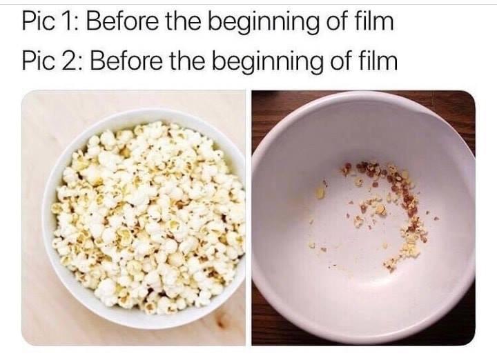 Two images, one showing a bowl full of popcorn, the other of an empty bowl.
