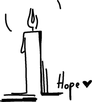A drawing of a lit candle with the word 'hope' next to it along with a small heart