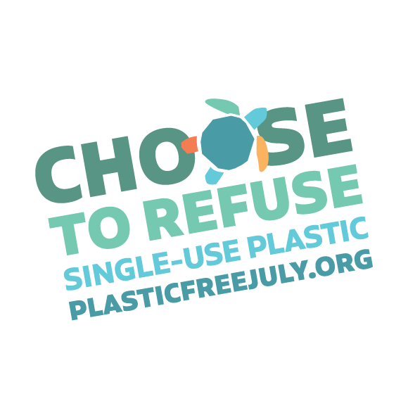 A logo for plastic free July with the slogan 