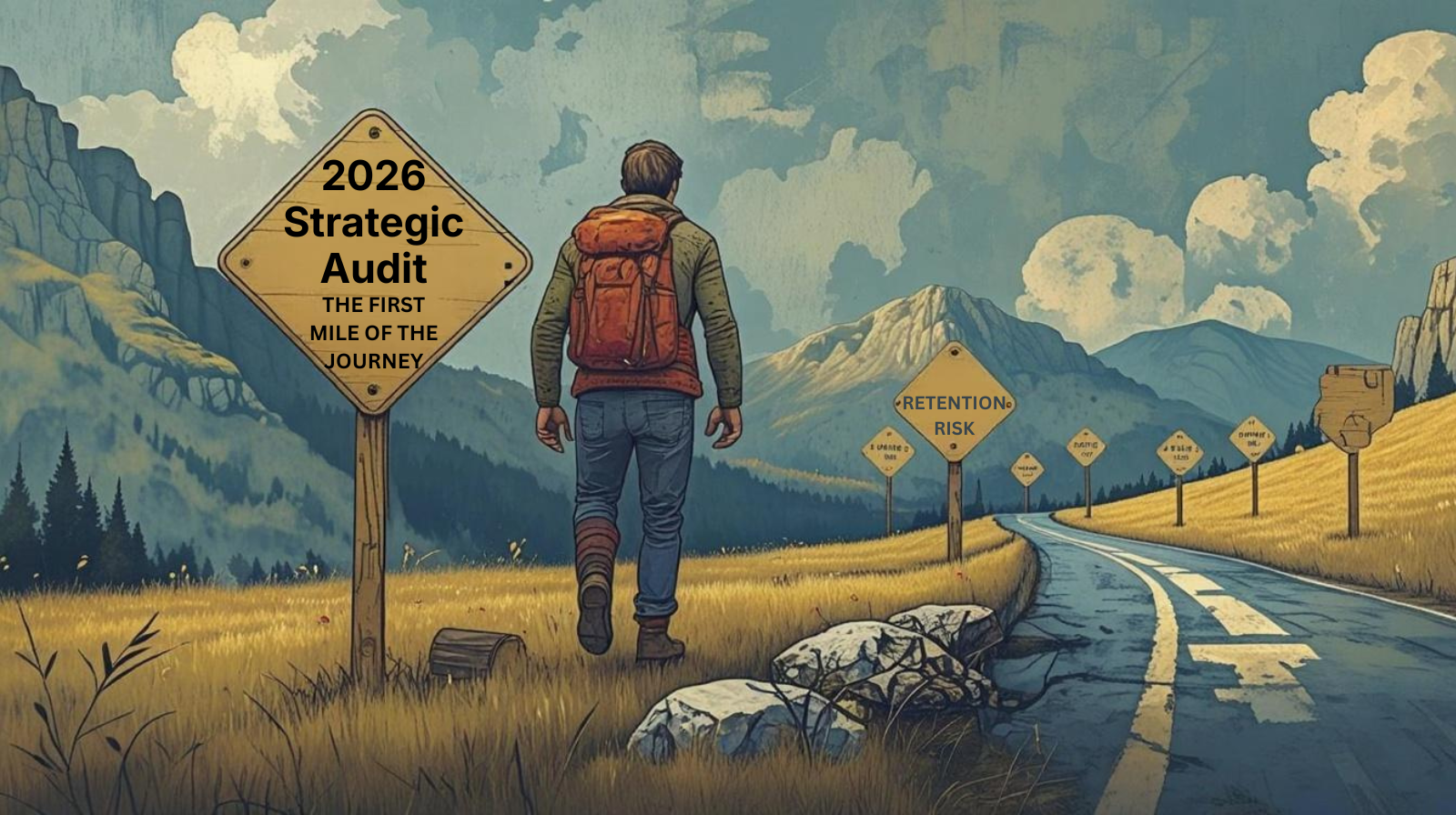 A man with a backpack walking down a winding road toward a range of misty mountains. A large yellow road sign in the foreground reads 