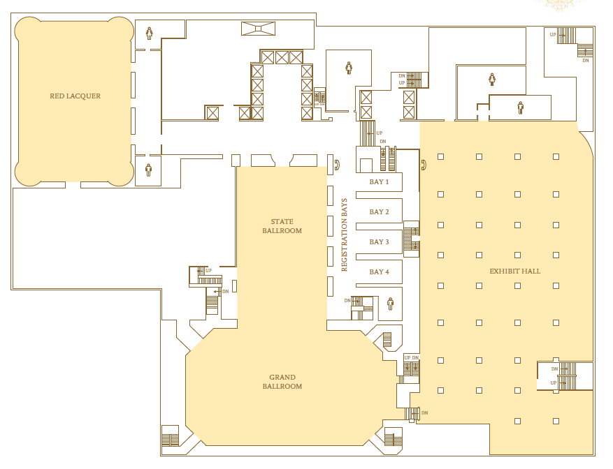 Palmer House 4th floor map showing the Grand Ballroom, State Ballroom, Red Lacquer Room, Exhibit Hall and Registration Bays 1 through 4, plus elevators, stairs and restrooms.