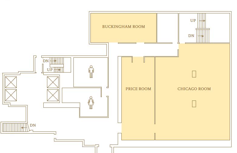 Palmer House 5th floor map showing the Buckingham Room, Price Room and Chicago Room, plus elevators, stairs and restrooms.