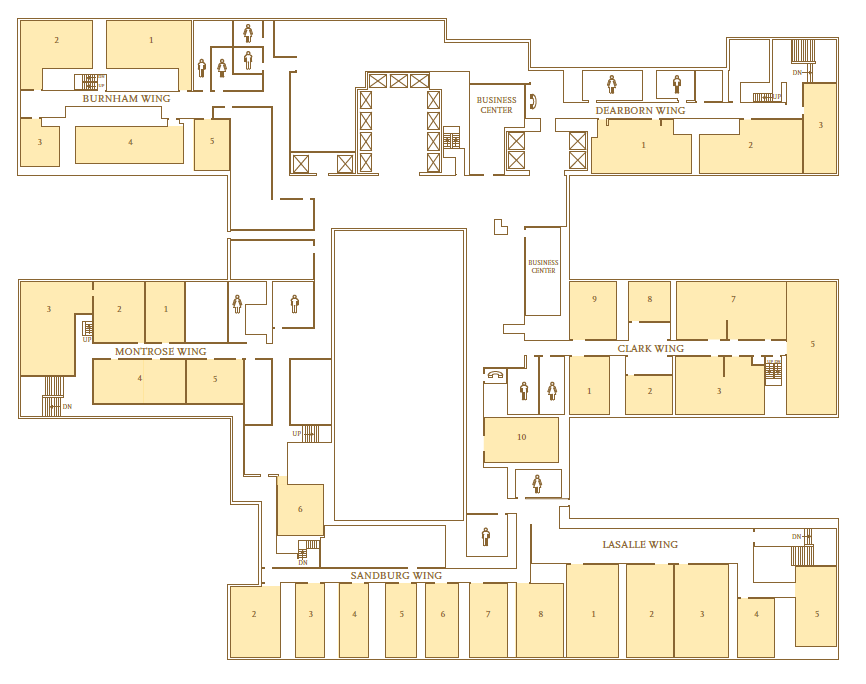 Palmer House 7th floor map showing numbered meeting rooms in the Burnham, Dearborn, Montrose, Clark, Sandburg and LaSalle Wings, the Business Center, elevators, stairs and restrooms.