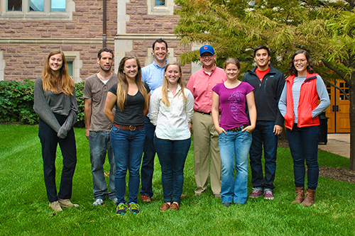 ESPM lab group, from left to right Zoe Lefebvre (UGrad ’16), Yuval Boneh (3rd year Grad), Kelsey Williams (1st year Grad), Phil Skemer, Emily Sexton (UGrad ’15), Mike Krawczynski, Helene Couvy (Research Engineer), Matt Guiang (UGrad ’15), Molly Chaney (UGrad ’16).