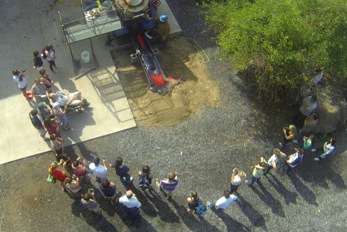 Aerial view of a class at a lava flow demonstration. Research drone image by Bryndís Brandsdóttir and Brandur Karlson. Aerial view of a class at a lava flow demonstration. Research drone image by Bryndís Brandsdóttir and Brandur Karlson.