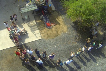 Aerial view of a class at a lava flow demonstration. Research drone image by Bryndís Brandsdóttir and Brandur Karlson.