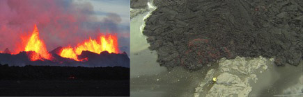 Holuhraun eruption, Iceland, September 2014. Bauger Craters (left); Investigating an active lava flow lobe (right)