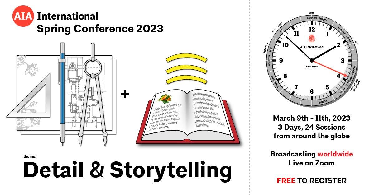 Poster showing drafting tools as symbols of detail, book as symbol of storytelling, gmt clock to depict multiple time zones