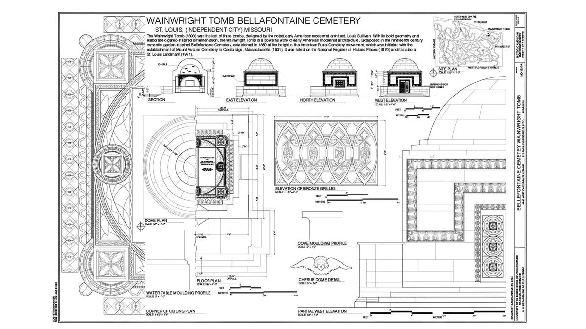 HABS sheet with various architectural drawings of a mausoleum designed by Richard Sullivan.