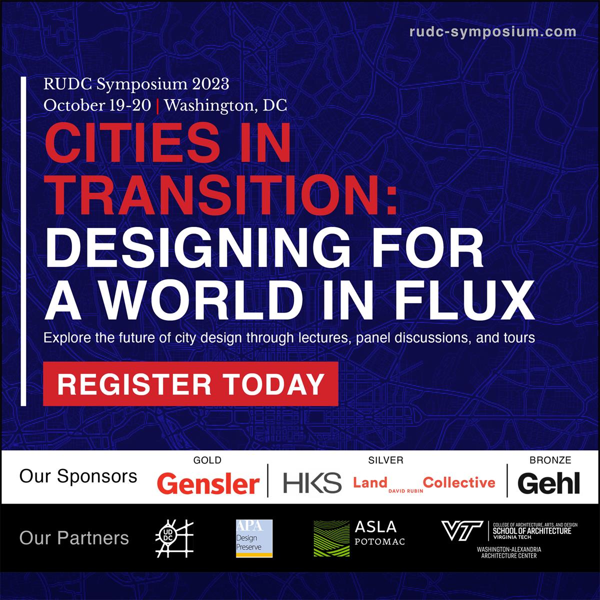 Red and white text on blue background with logos on the bottom.