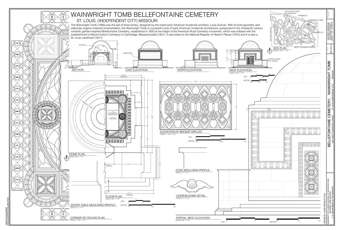 Black and white image of a HABS sheet with multiple measured drawings, scales and notes. 