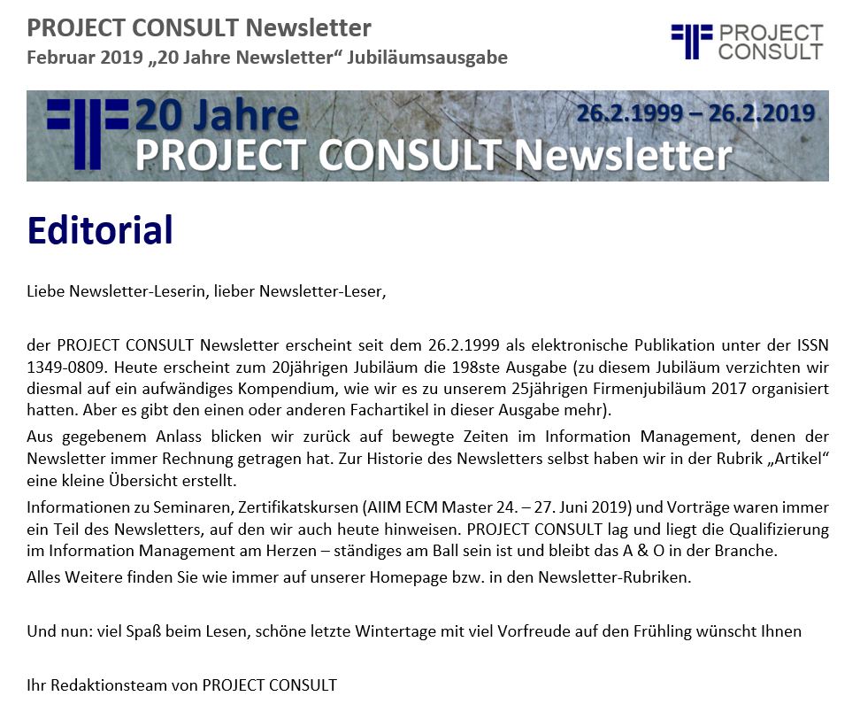 20 Jahre PROJECT CONSULT Newsletter 20 jahre PROJECT CONSULT Newsletter