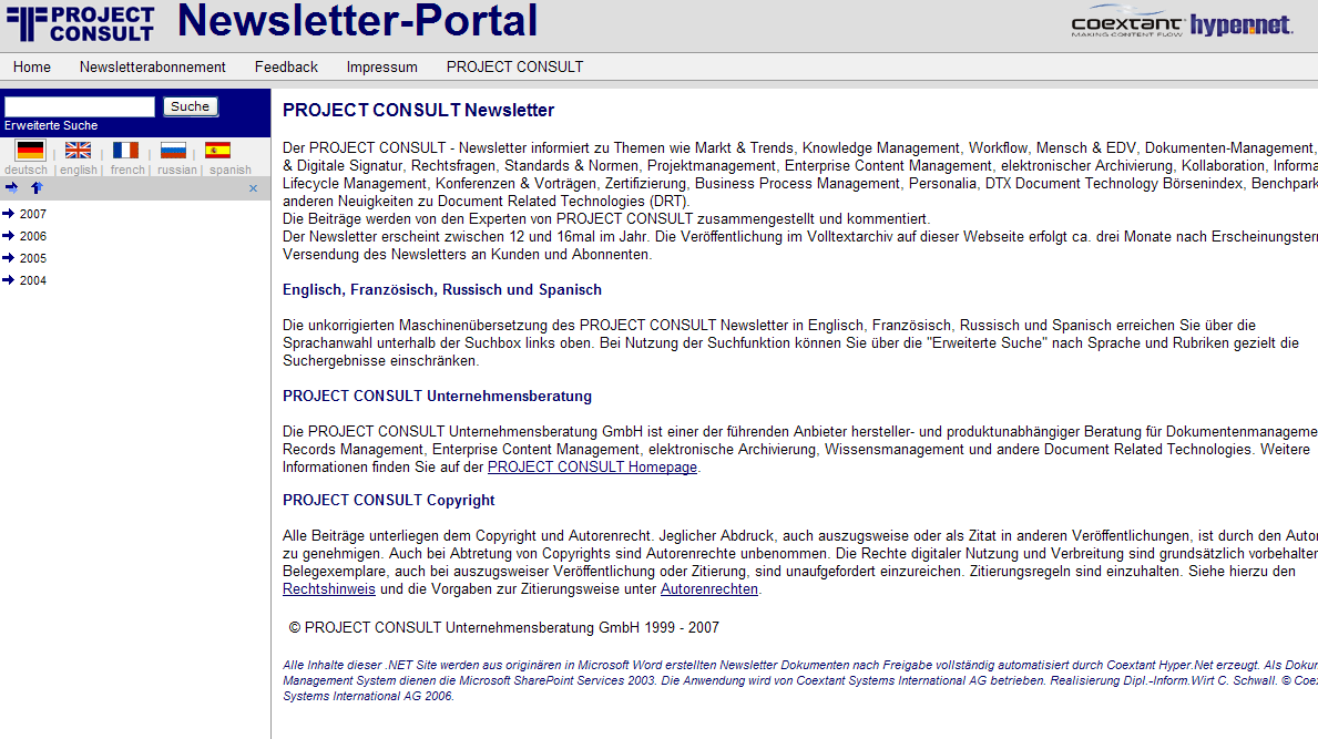 Der PROJECT CONSULT Newsletter als Sharepoint-Portal Der PROJECT CONSULT Newsletter als Sharepoint-Portal