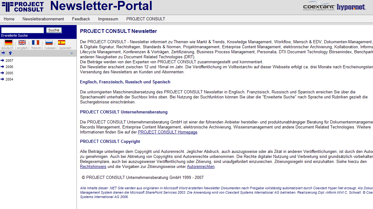 Der PROJECT CONSULT Newsletter als Sharepoint-Portal