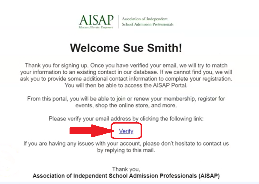 Verification Link in Email screenshot