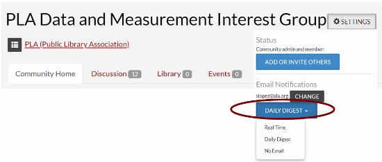 Image showing location of Email Notification options in PLA Interest Group Image showing location of Email Notification options in PLA Interest Group