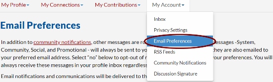 Image showing location of Email Preferences menu link in My Account tab Image showing location of Email Preferences menu link in My Account tab