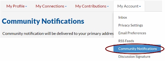 Image showing location of Community Notifications menu link in My Account tab Image showing location of Community Notifications menu link in My Account tab
