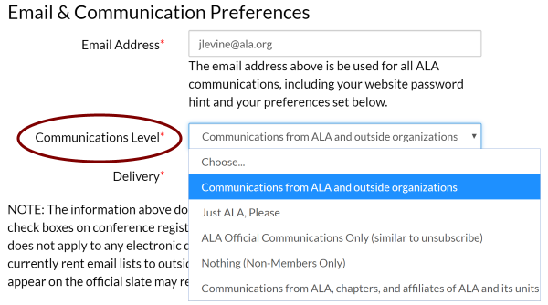 Screenshot of member communication preferences for non-ALA Connect communication