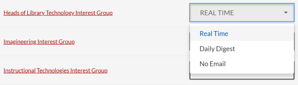 Screenshot showing options for changing community notifications to real time, daily digest, or no email