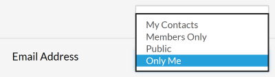 Screenshot of the menu for email address showing options for my contacts, members only, public, and only me