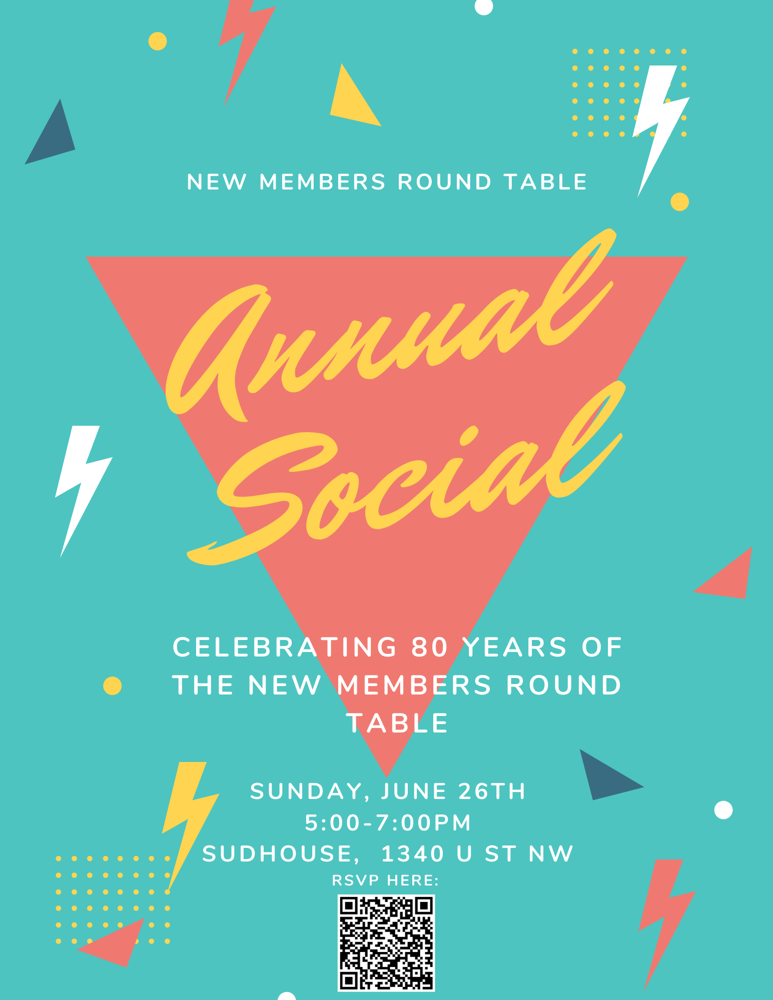 Colorful flyer for advertising the NMRT Annual Social to occur at Sudhouse D.C. on Sunday, June 26th.