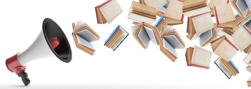 Photo illustration of megaphone with books shooting out of it.