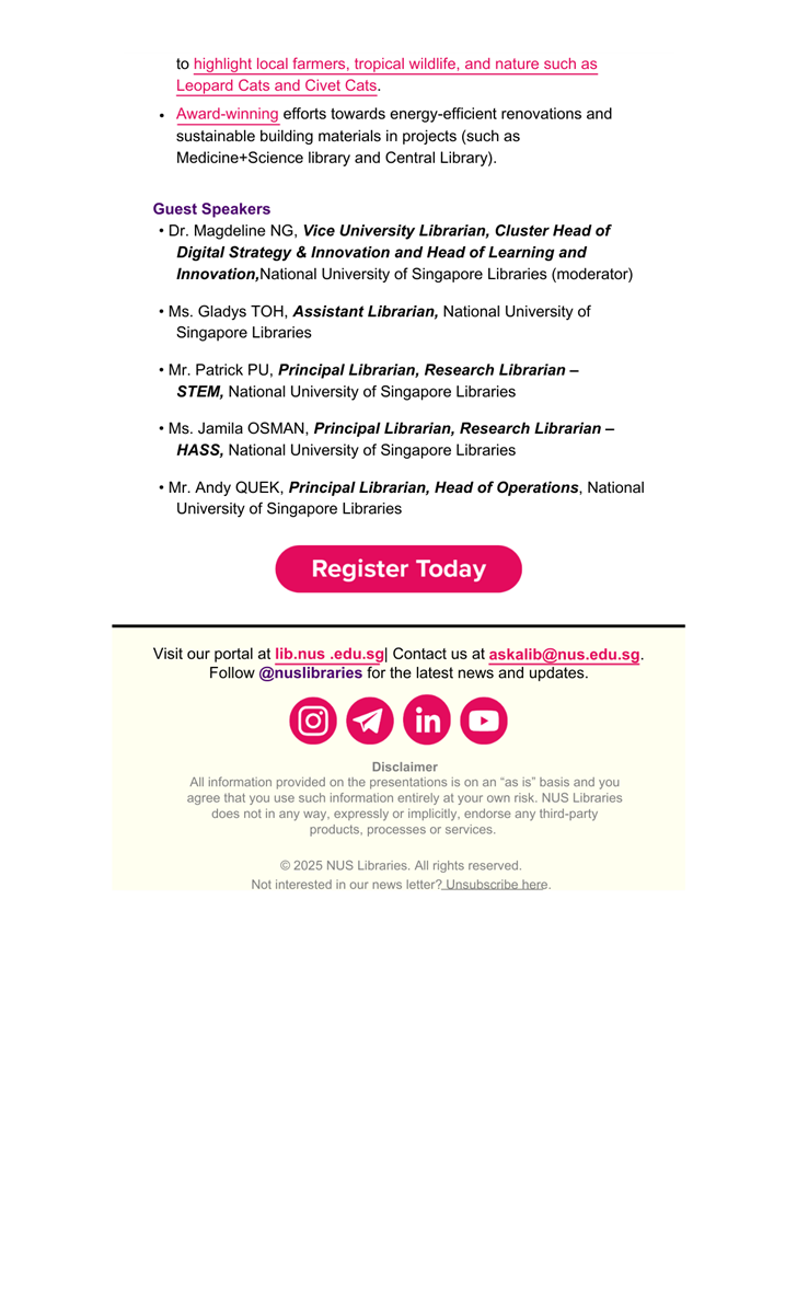 The second and final part of the webinar description, with the names of the prestenters and links to social media for their home institution.