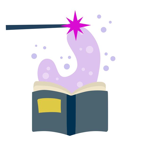 A black wand with a pink sparkle hovers over an open book as purple bubbles rise up.