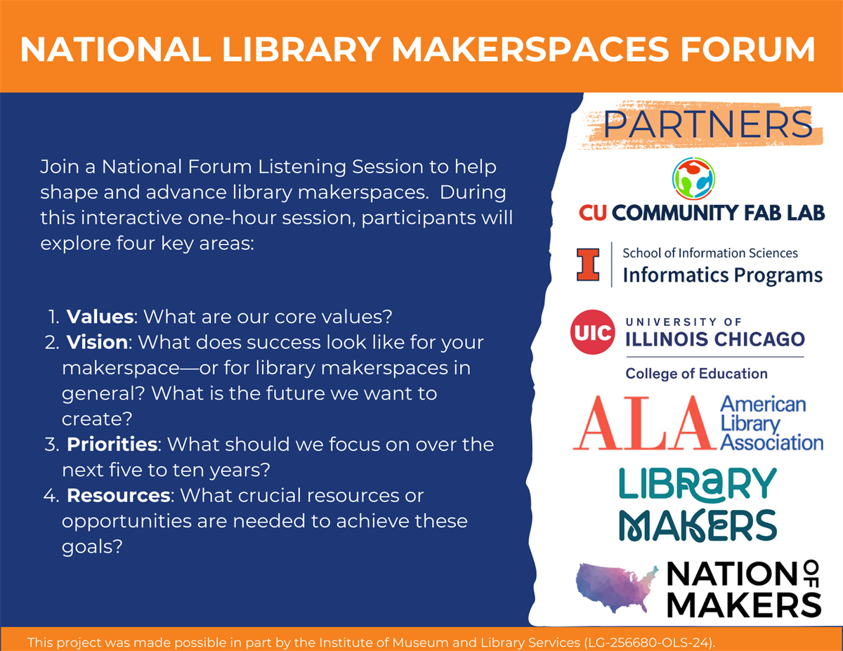Image promotes listening sessions for library makerspaces.