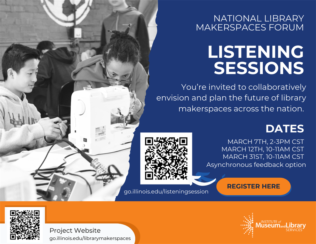 Image promotes listening sessions for library makerspaces.