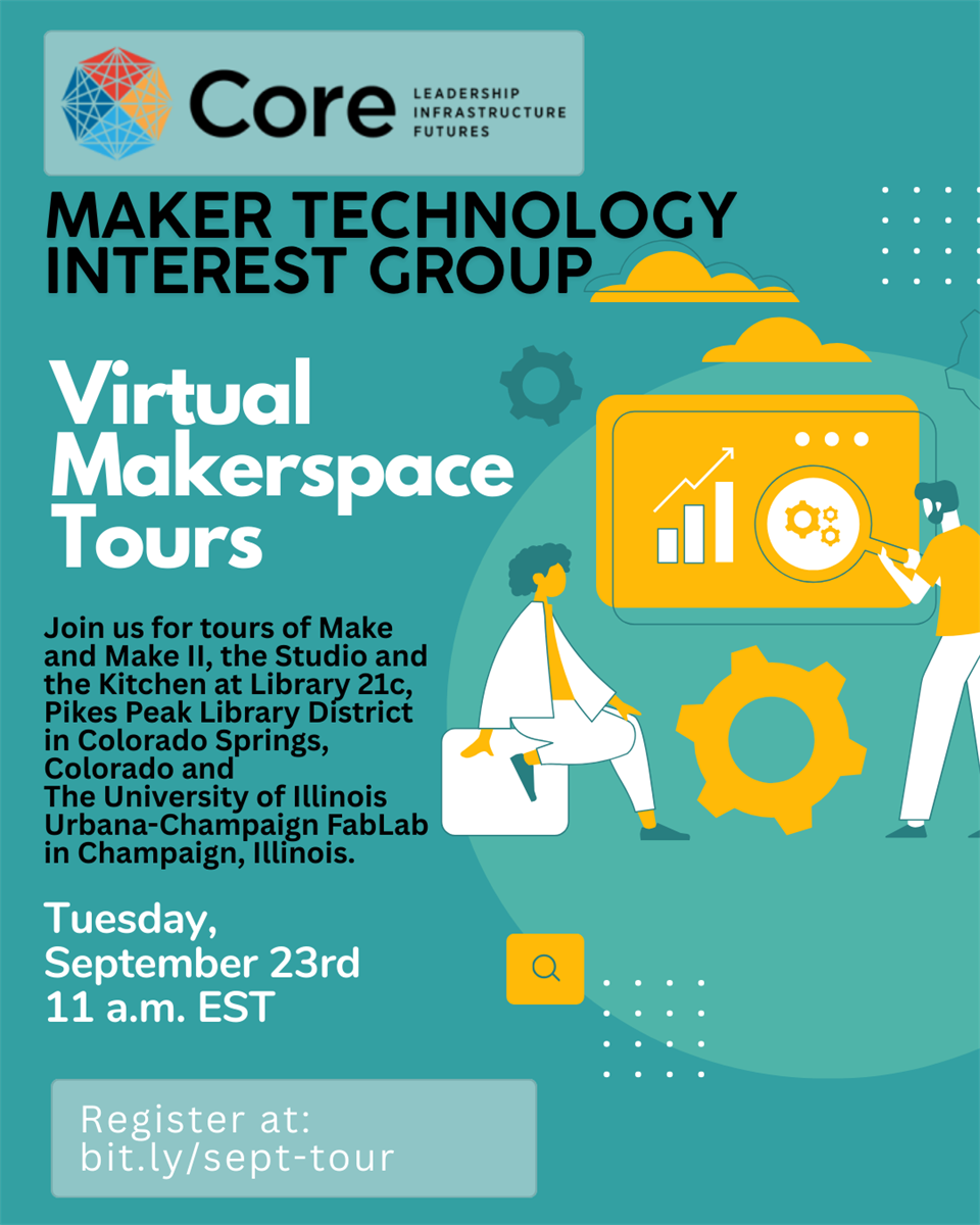 Here is a description of the image:  **One-sentence summary:** An advertisement announces virtual tours of makerspaces in Colorado and Illinois on September 23rd at 11 a.m. EST.  **Detailed description:**  The image is a vibrant teal and yellow advertisement for a virtual tour of makerspaces. The top features the logo for 