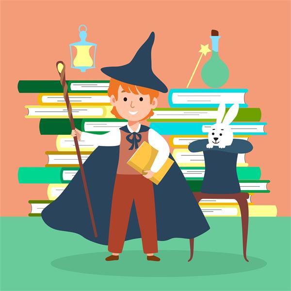 Shows a librarian wearing a cape and pointy hat, and holding a staff and a book. Behind are stacks of books, a potion bottle, a star-shaped magic wand. To the right of the person is a white rabbit in a magicians hat placed on top of a small table.