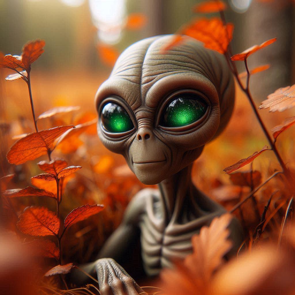 Alien peeking through fall leaves