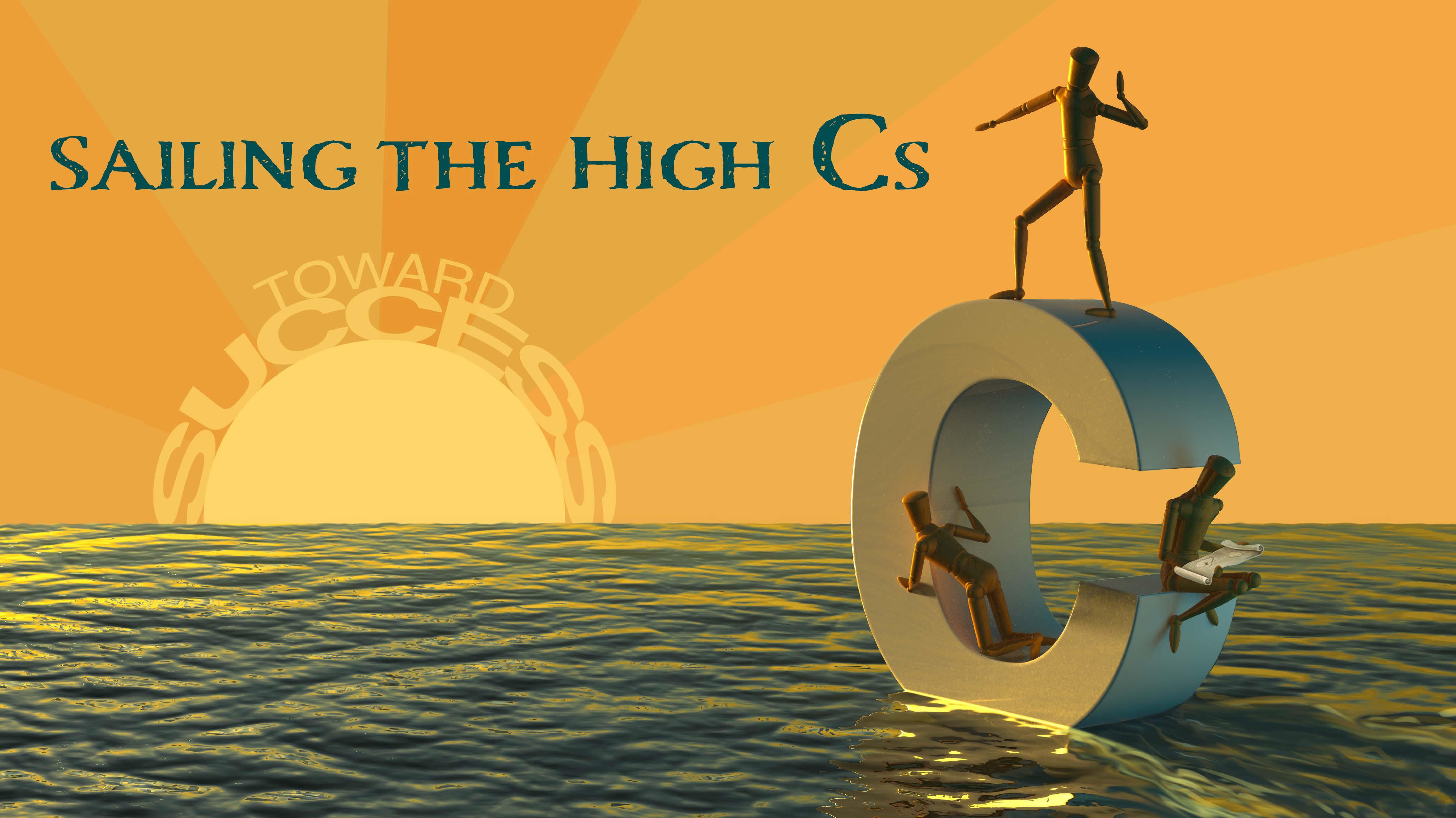 In the foreground, there are three mannequins positioned on the letter C, floating in an ocean. In the background, there is a sun half exposed on the horizon with the words 'Toward Success' around the sun