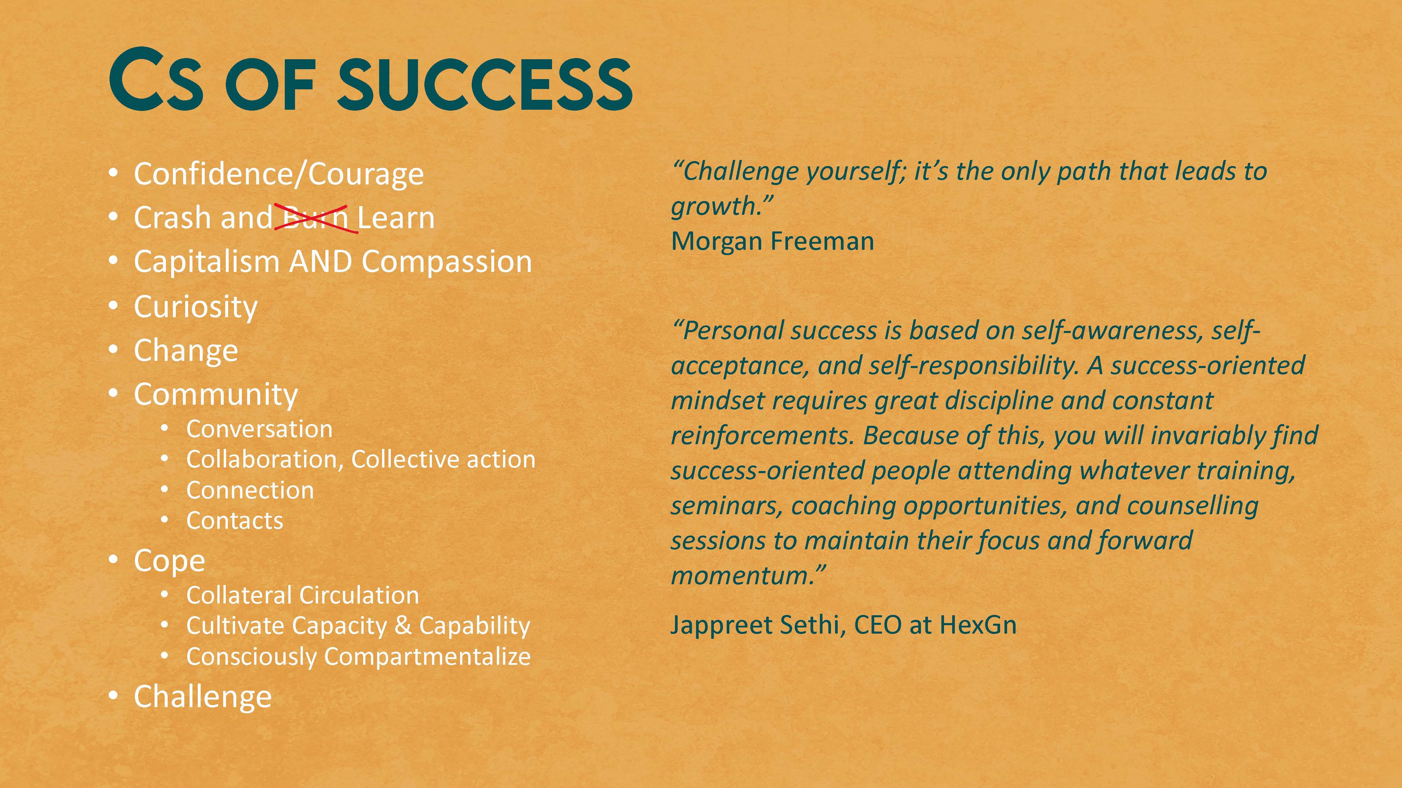 The image, titled 'Cs of Success,' lists key concepts for achieving success, all starting with 'C,' such as Confidence, Curiosity, Change, Community, Cope, and Challenge. Notably, 'Crash and Burn' is crossed out and replaced with 'Crash and Learn,' emphasizing resilience. The list highlights the importance of collaboration, adaptability, and conscious growth. Accompanying quotes from Morgan Freeman and Jappreet Sethi reinforce the message that success requires self-awareness, discipline, and continuous learning through challenges and opportunities.