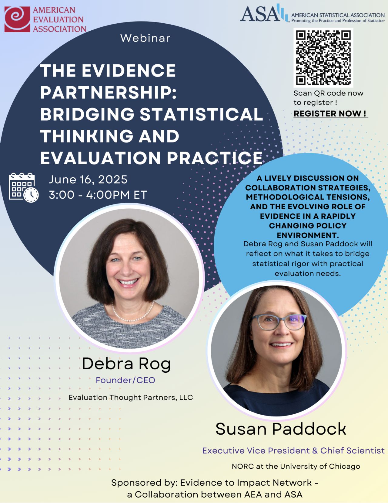 Webinar flyer Photos of Debra Rog and Susan Paddock. ASA and American Evaluation Association Logos included.