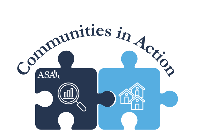 two puzzle pieces linked together one piece indicates data and statistics the other a community