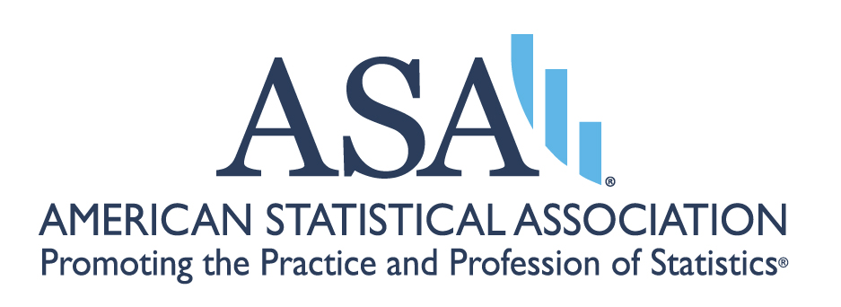 Logo for the American Statistical Association depicting three light blue bar graph columns behind the letters A S A