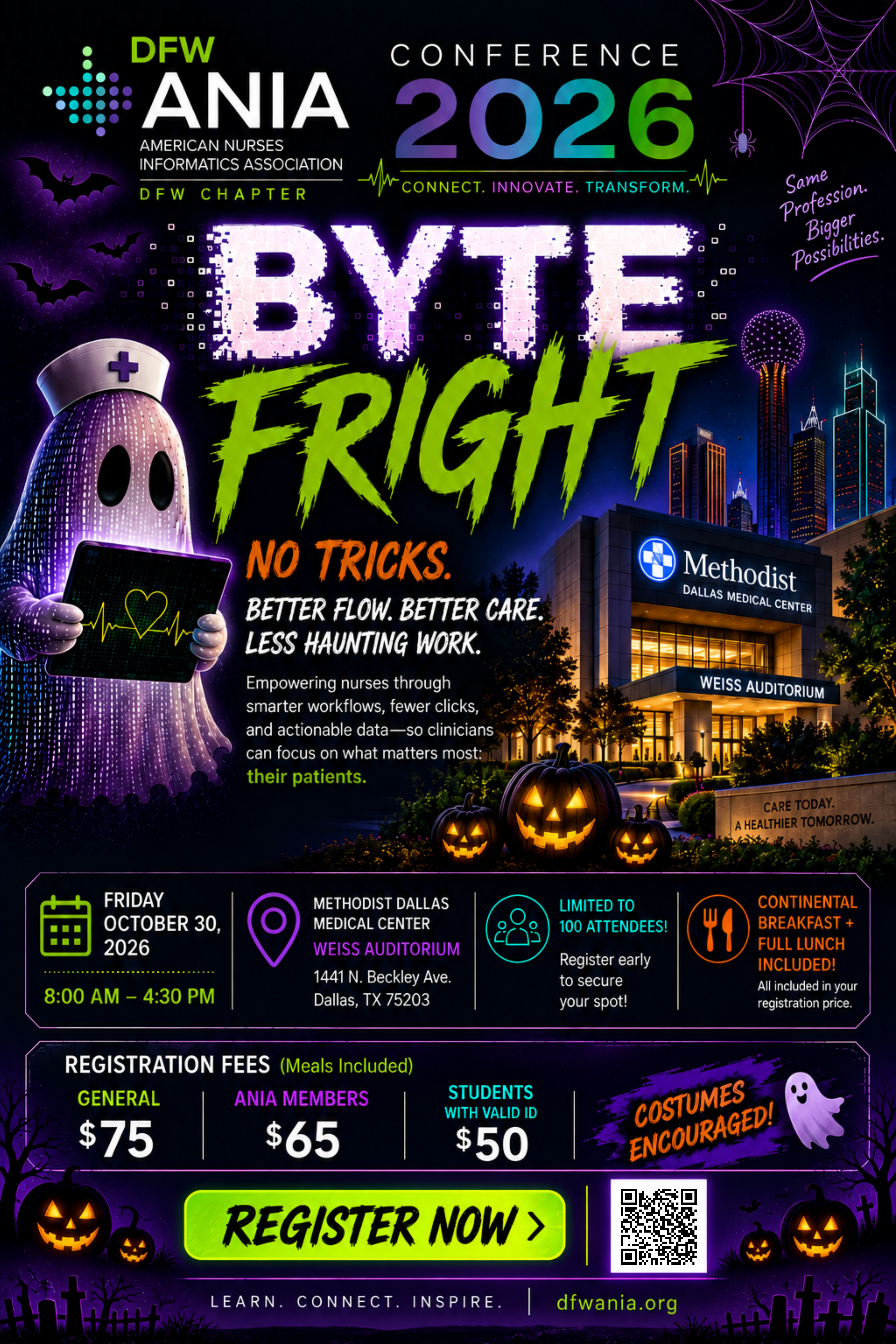 Byte Fright 2026 conference flyer: October 30, 8 AM–4:30 PM, Methodist Dallas Medical Center, Weiss Auditorium. Register now.