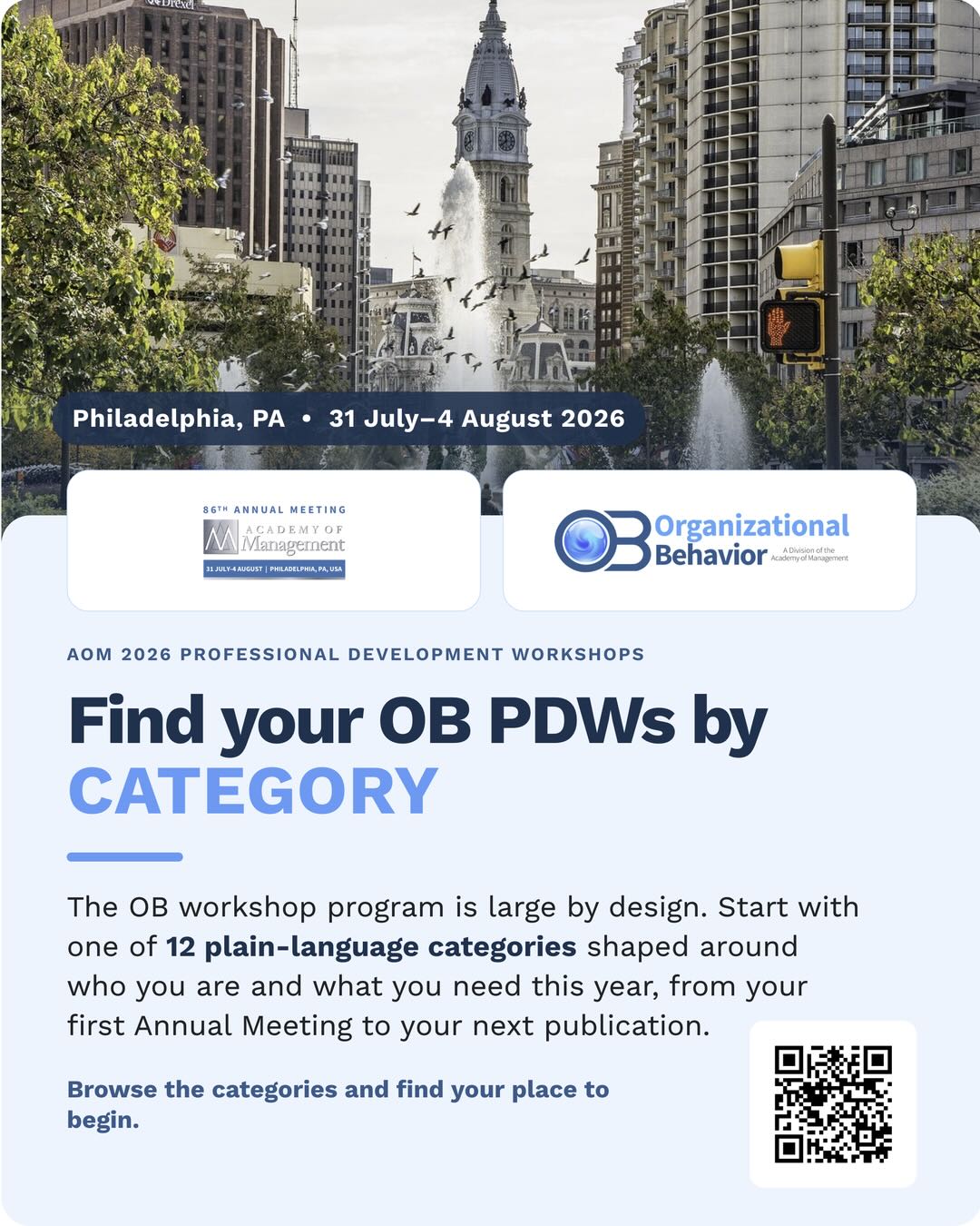 Find your PDWs — 207 workshops, twelve categories, one place to start. OB Division at AOM 2026, Philadelphia.