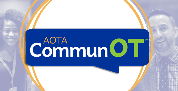 CommunOT logo with two AOTA members smiling.