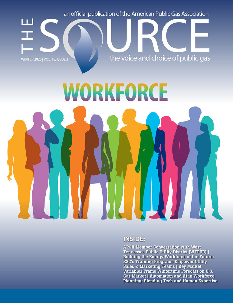 An example of a cover of APGA's Magazine The Source where a group of people's silhouettes in different colors show a diverse workforce.